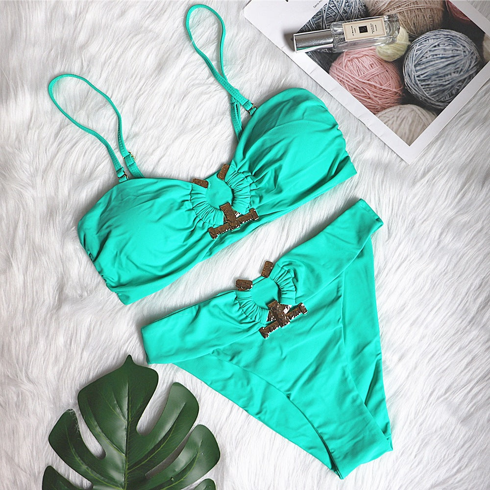 Sexy Swimsuit Metal Accessories Hollow Out Cutout Bikini Solid Color Tube-Top High Waist Women Swimwear Bella Mia