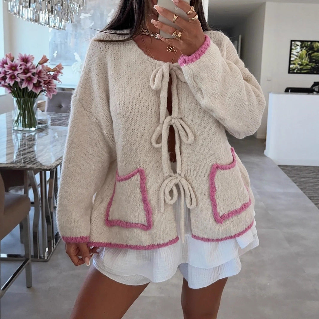 Contrast Color Bow Lace up Autumn Winter Sweater Casual Loose Long Sleeve Pocket Knitwear Top Bella Mia