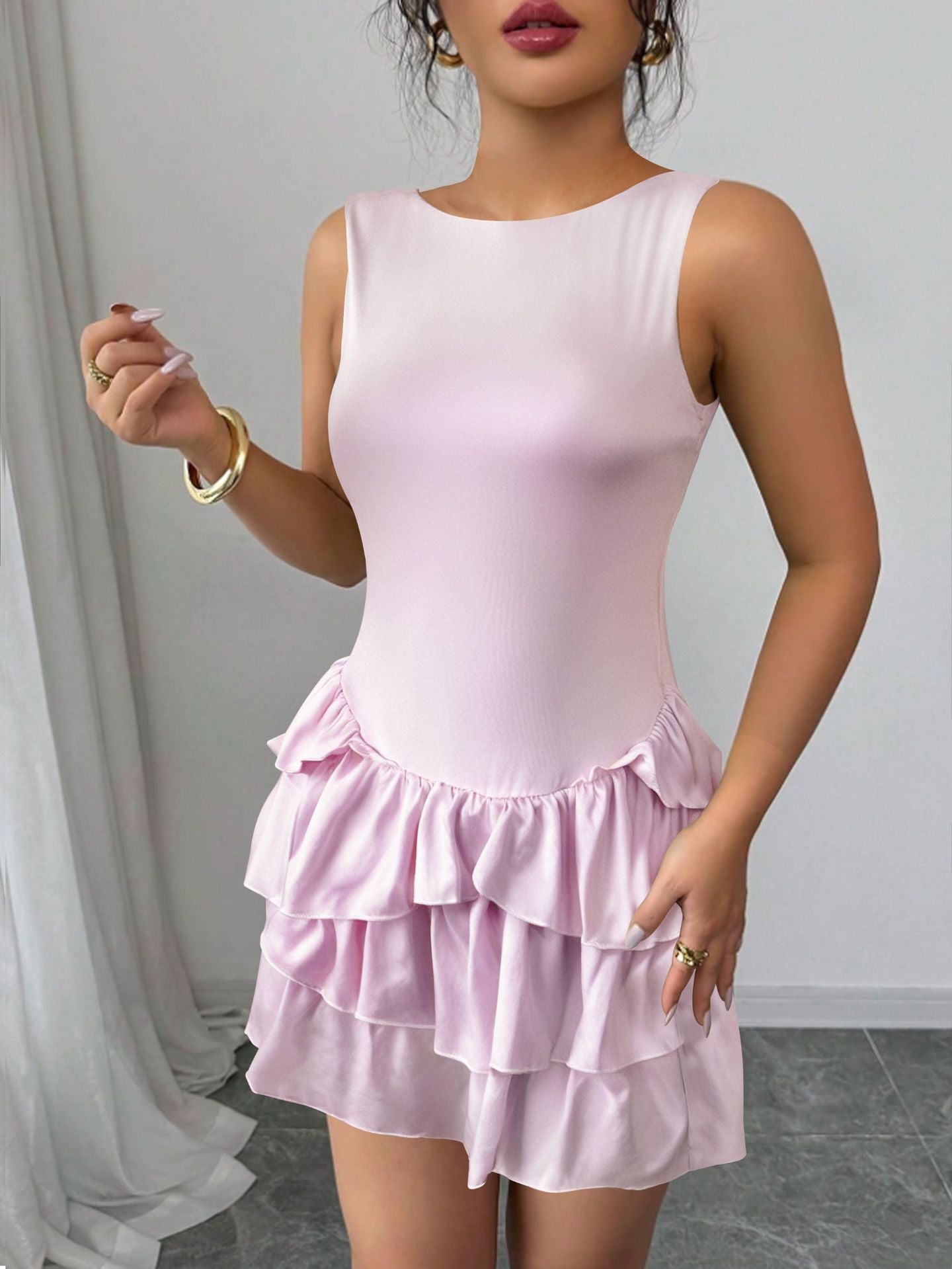 Summer Sleeveless round Neck Dress Sexy Lace up Slim Slimming Elegant Cake Dress Bella Mia