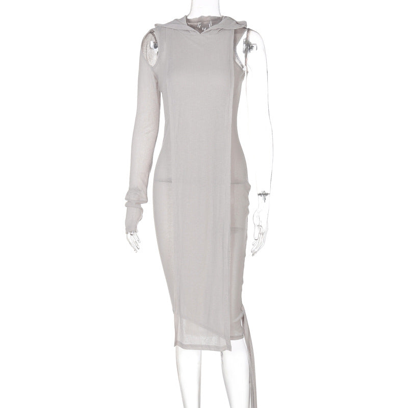 Women Clothing Autumn Fashionable See-through Irregular Asymmetric Shoulder Long Sleeve Hooded Dress Bella Mia