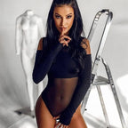 Women Clothing Tight Long Sleeve Sexy Cold Shoulder Mesh Stitching See through Sexy L Jumpsuit Thin Women Bella Mia