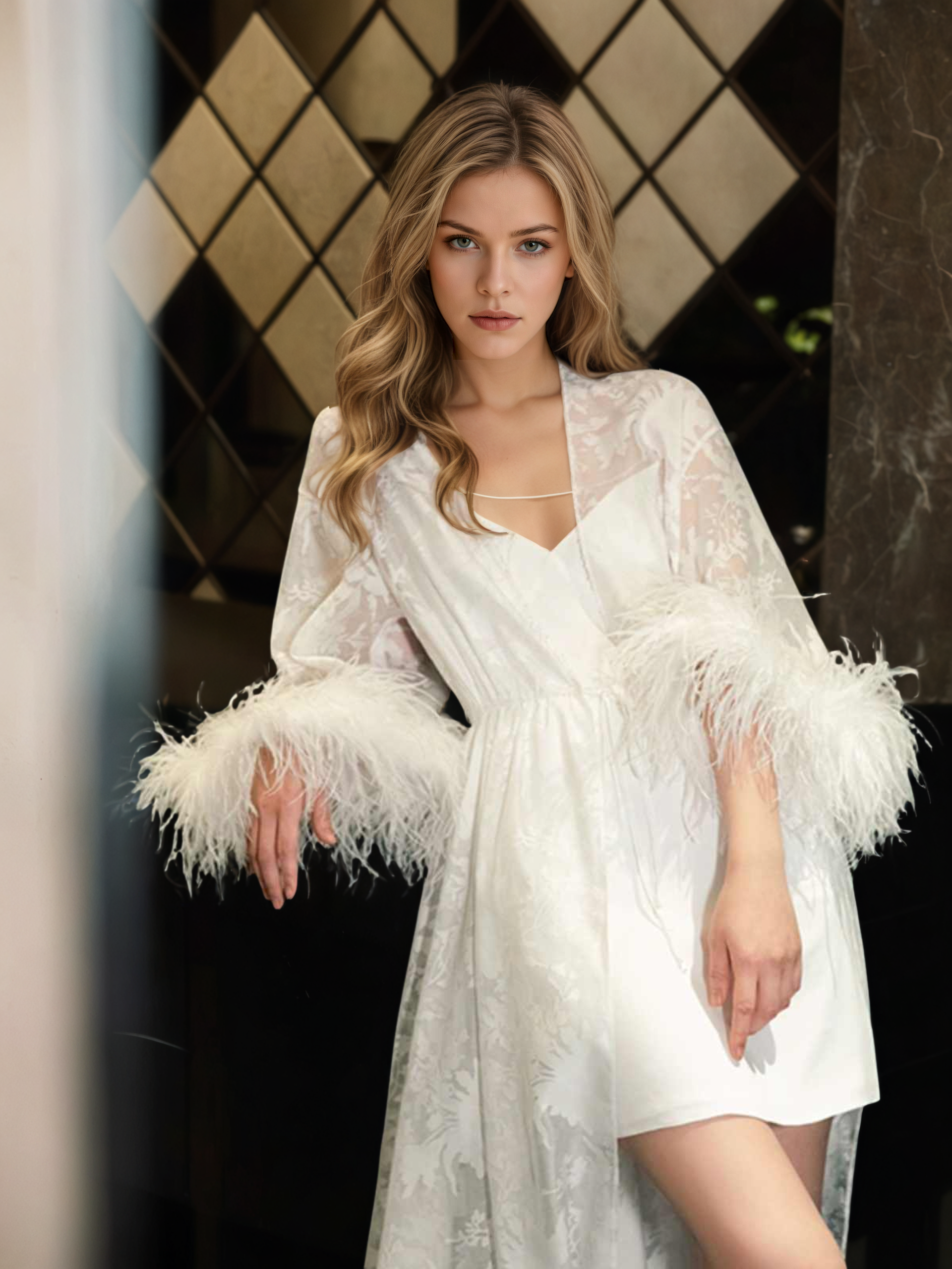 Luxury White Feather Trim Lace Long Robe Dress Set | Bridal Getting Ready & Photoshoot Gown SelenaHuanStudio