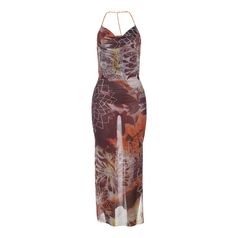 Summer Women Printed Sexy Bead Necklace Halter Backless Split Dress Bella Mia