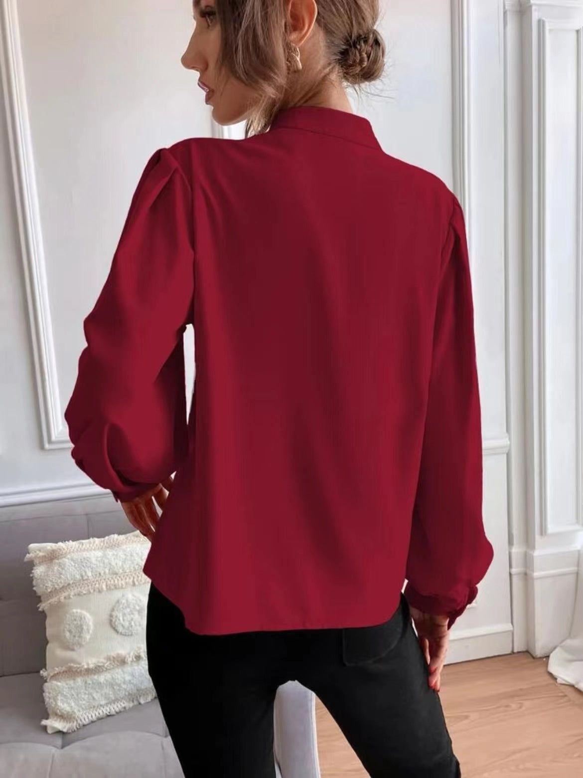 Women Shirt Autumn Elegant Solid Color Collared Long Sleeve Single Row Button Loose Women Top Bella Mia
