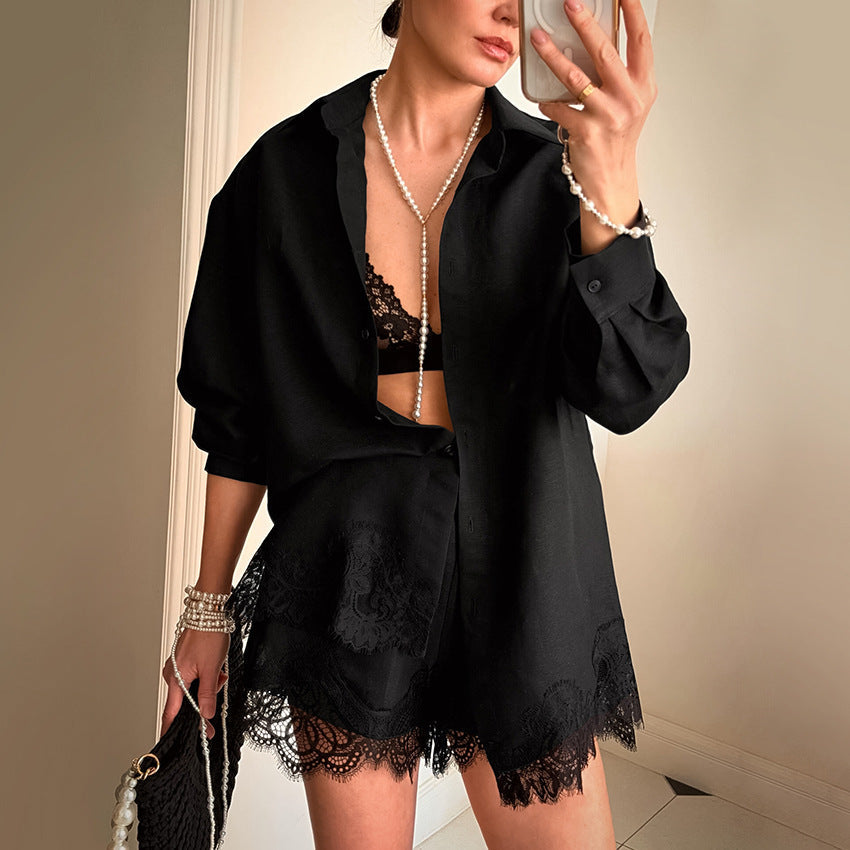 Retro Design Women Long Sleeve Collared Lace Stitching Shirt Shorts Casual Two Piece Sets Bella Mia