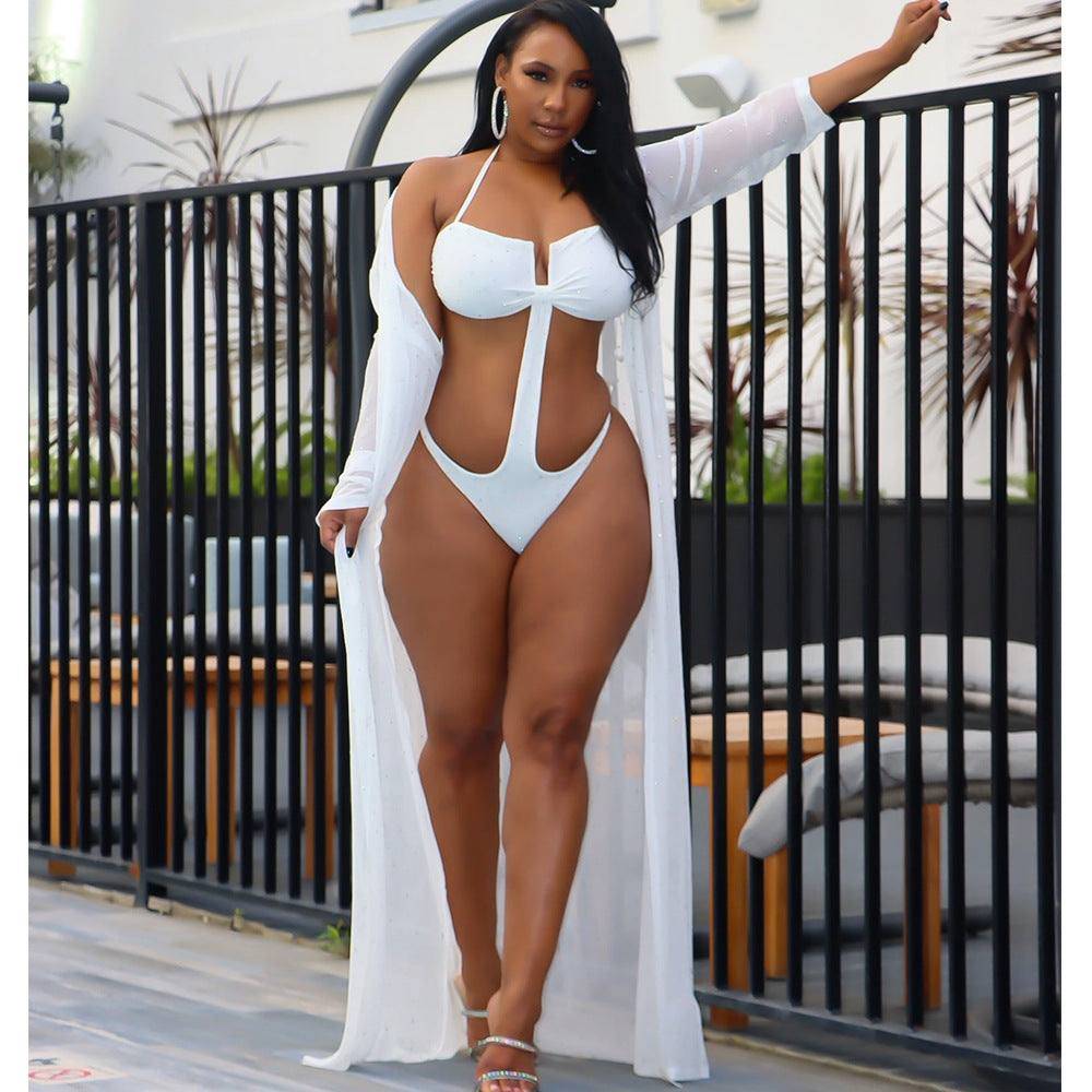 Summer Women Sexy Mesh Perspective Rhinestone Long Sleeve Swimsuit Cloak Bella Mia