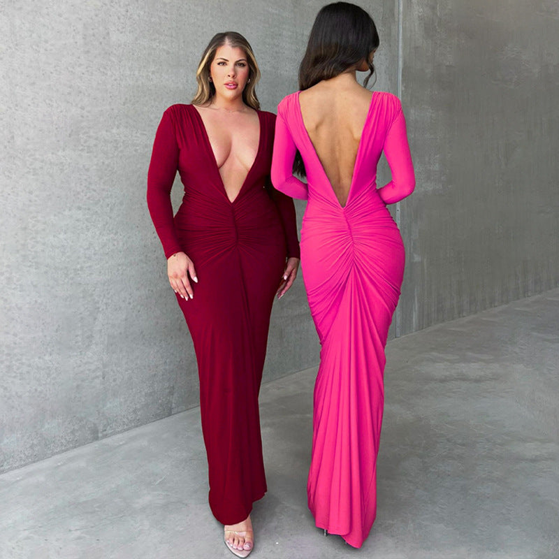 Women Clothing Summer Sexy V neck Slim Pleated Solid Color Long Sleeve Dress Bella Mia