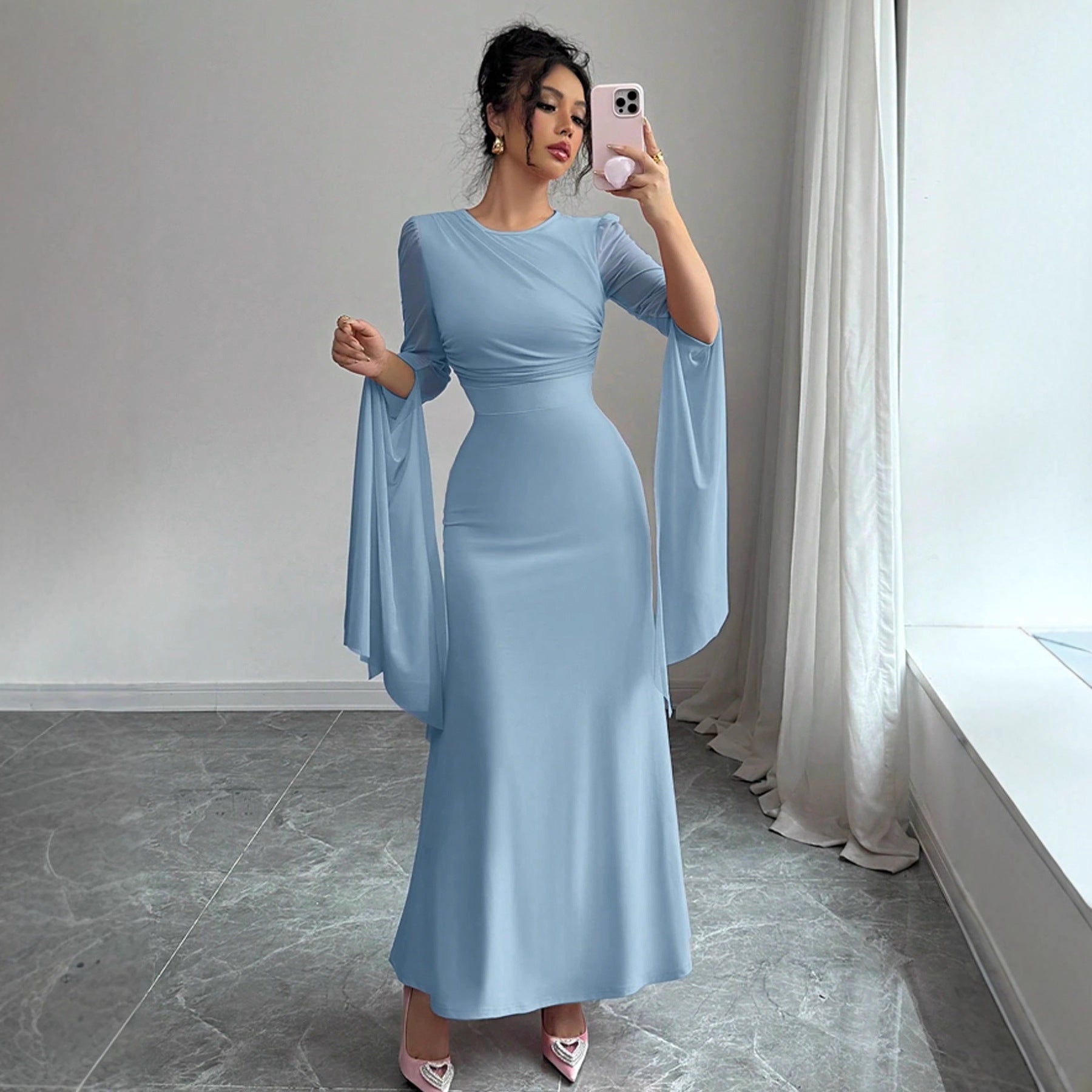 Spring Stitching Mesh Large Swing Sleeves Sexy Slim Fit Fishtail Dress Bella Mia