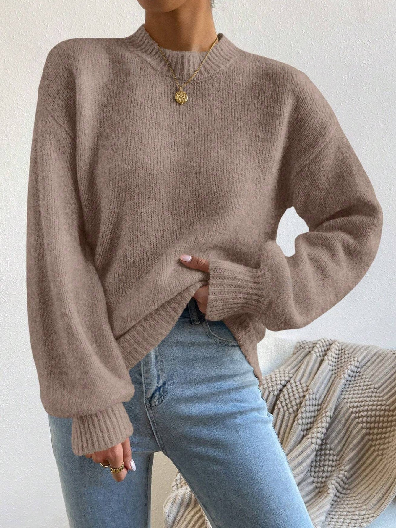 Autumn Winter Autumn Winter Comfortable Casual Loose round Neck Linking Long Sleeve Solid Color Sweater for Women Bella Mia
