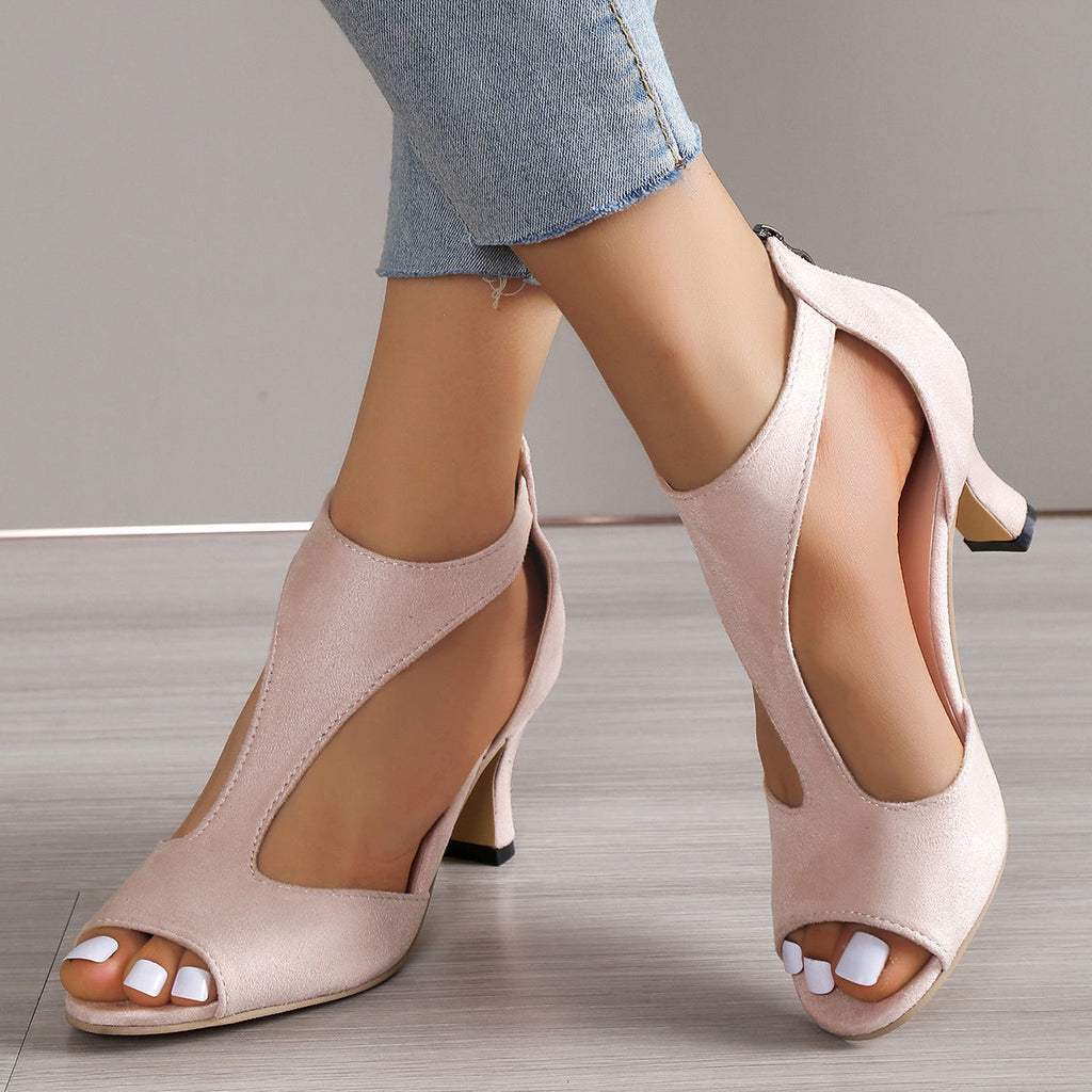 Chunky Heel Suede Fish Mouth Hollowed Sandals Women One Word Bag Heel Open Toed Roman Sandals Bella Mia