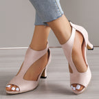 Chunky Heel Suede Fish Mouth Hollowed Sandals Women One Word Bag Heel Open Toed Roman Sandals Bella Mia