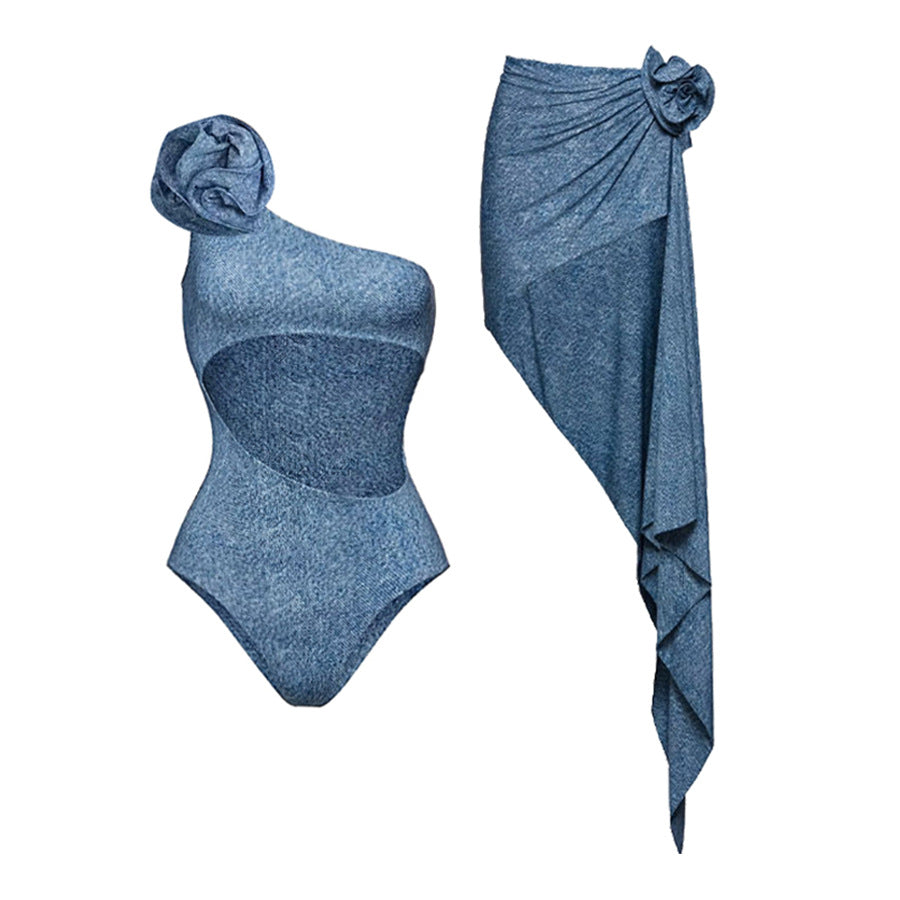 Popular Floral Decoration One Shoulder Hollow Out Cutout Soft Denim One Piece Swimsuit Women Bella Mia