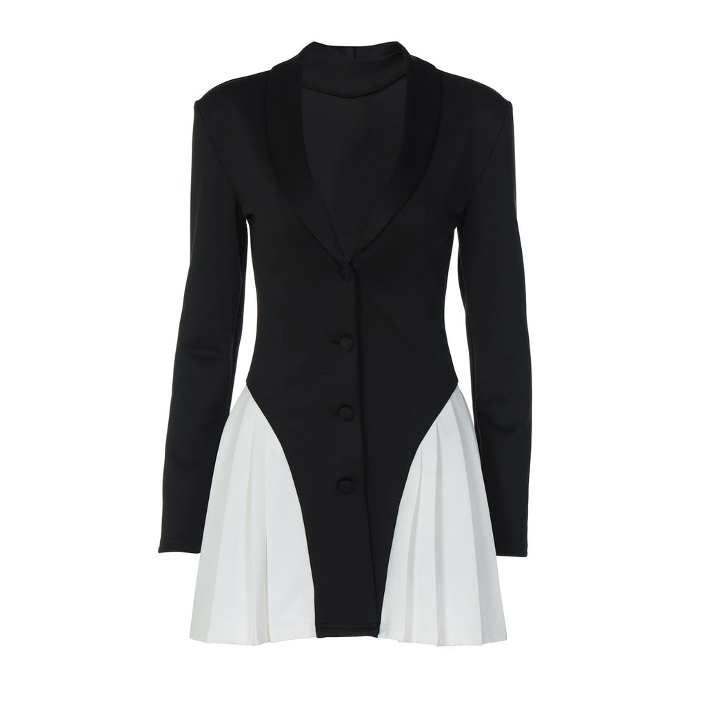 Women Clothing Autumn V neck Button Contrast Color Short Slim Fit Long-Sleeved Dress for Women Bella Mia