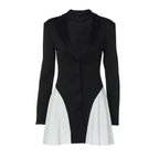 Women Clothing Autumn V neck Button Contrast Color Short Slim Fit Long-Sleeved Dress for Women Bella Mia