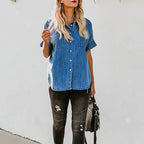 Spring Summer Short Sleeve Straight Leg Denim Shirt Women Loose Top Women Bella Mia