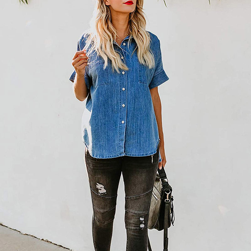 Spring Summer Short Sleeve Straight Leg Denim Shirt Women Loose Top Women Bella Mia