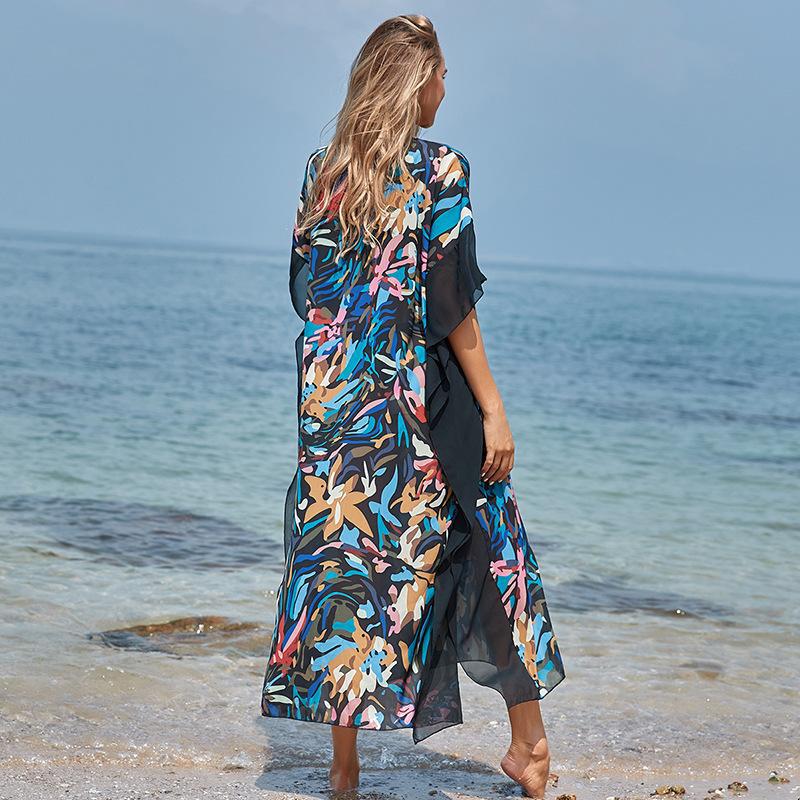 Wrinkle Solid Color Edge Robe Loose Dress Beach Sun Protection Clothing Swimsuit Bikini Cover Up Blouse Bella Mia