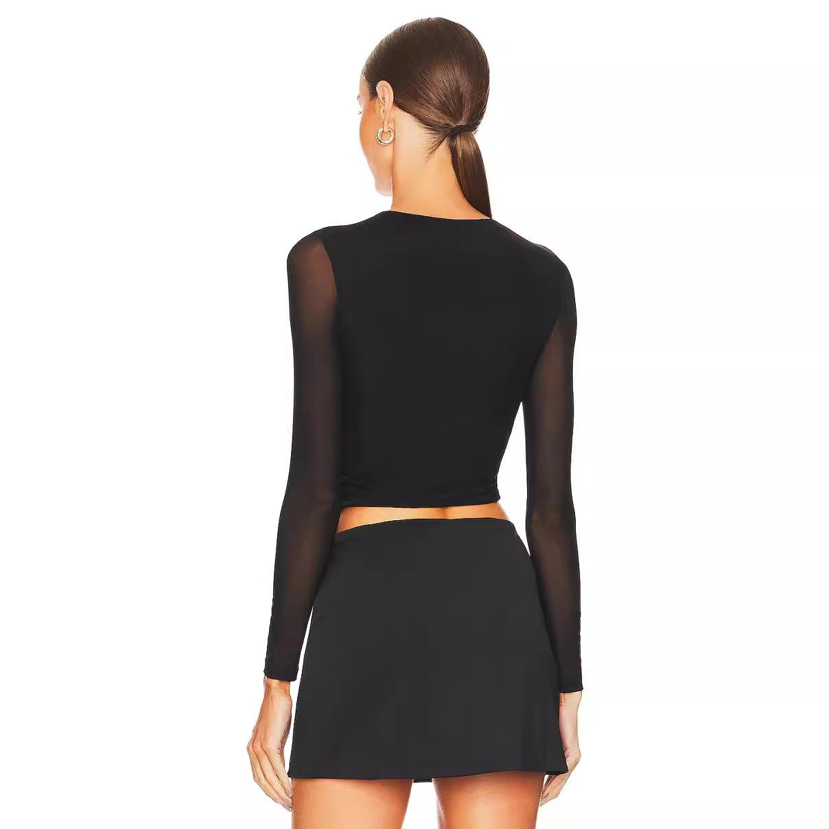 Black Long Sleeve Mesh Design Blouse Women Autumn Slim Fit Cardigan Buckle T shirt Bella Mia