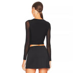 Black Long Sleeve Mesh Design Blouse Women Autumn Slim Fit Cardigan Buckle T shirt Bella Mia