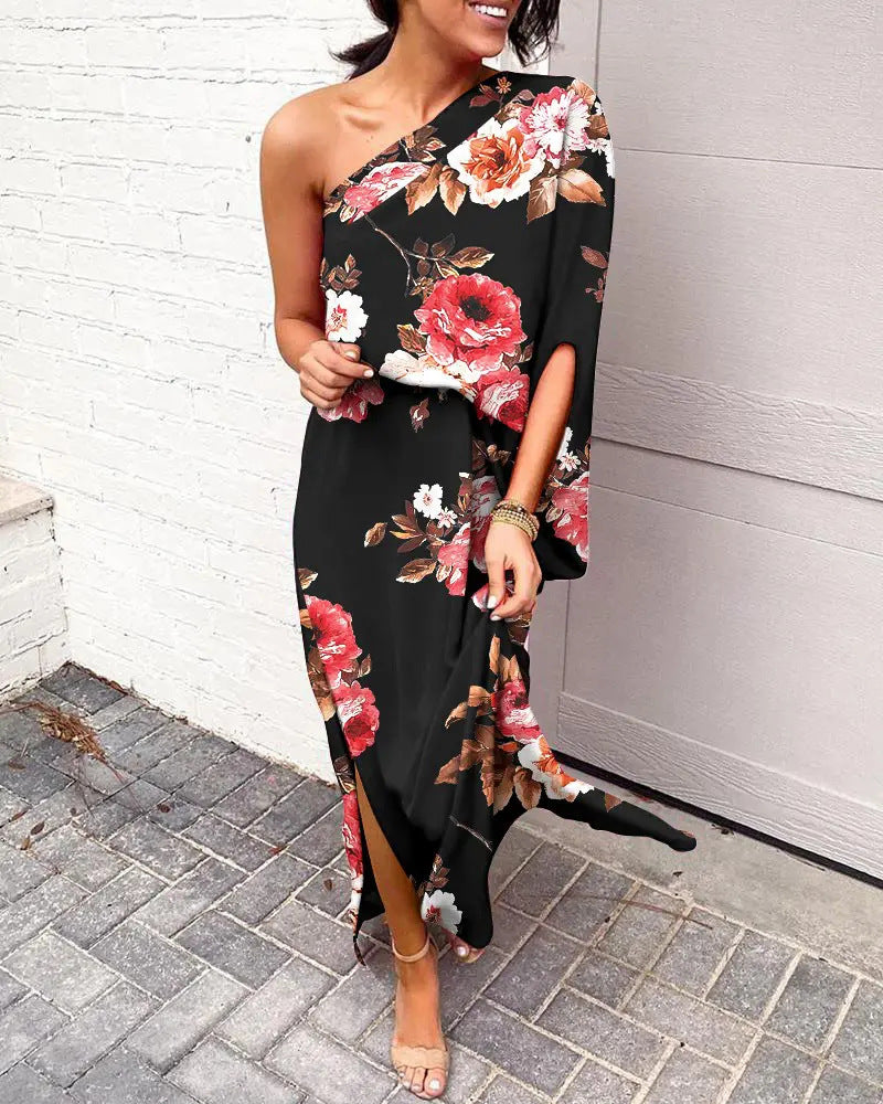 Women Clothing Dress Sexy Oblique Shoulder Elegant Single Side Sleeve Dress for Women Bella Mia