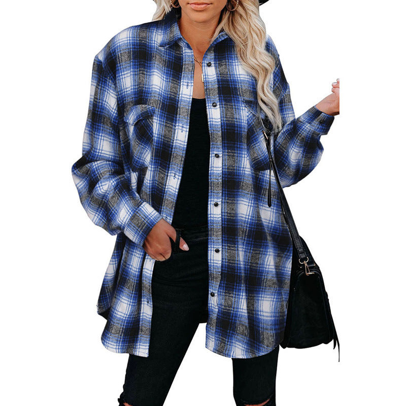 Women Clothing Autumn Winter Plaid Shirt Mid-Length Loose Lapels Cardigan Shirt Bella Mia