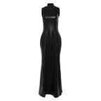 Women Clothing Autumn Winter Personality Turtleneck Slim Sleeveless Solid Color Faux Leather Dress Women Bella Mia
