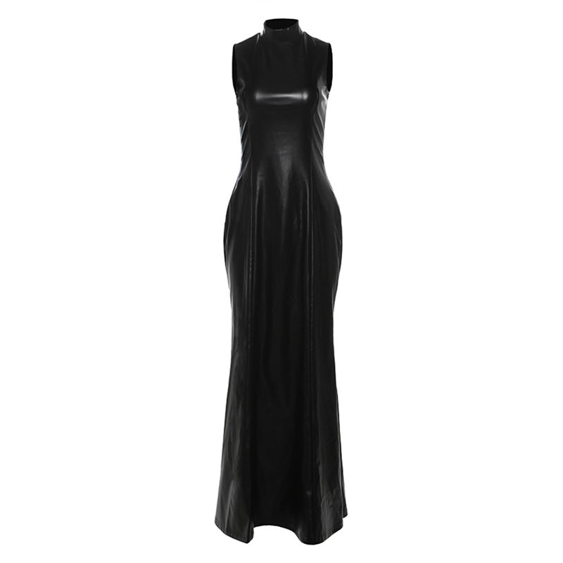 Women Clothing Autumn Winter Personality Turtleneck Slim Sleeveless Solid Color Faux Leather Dress Women Bella Mia