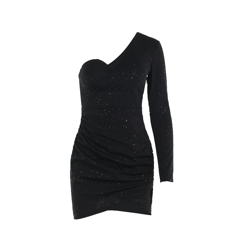 Autumn Sexy One Shoulder Long Sleeve Pleated Thin Glittering Sheath Dress Women Bella Mia