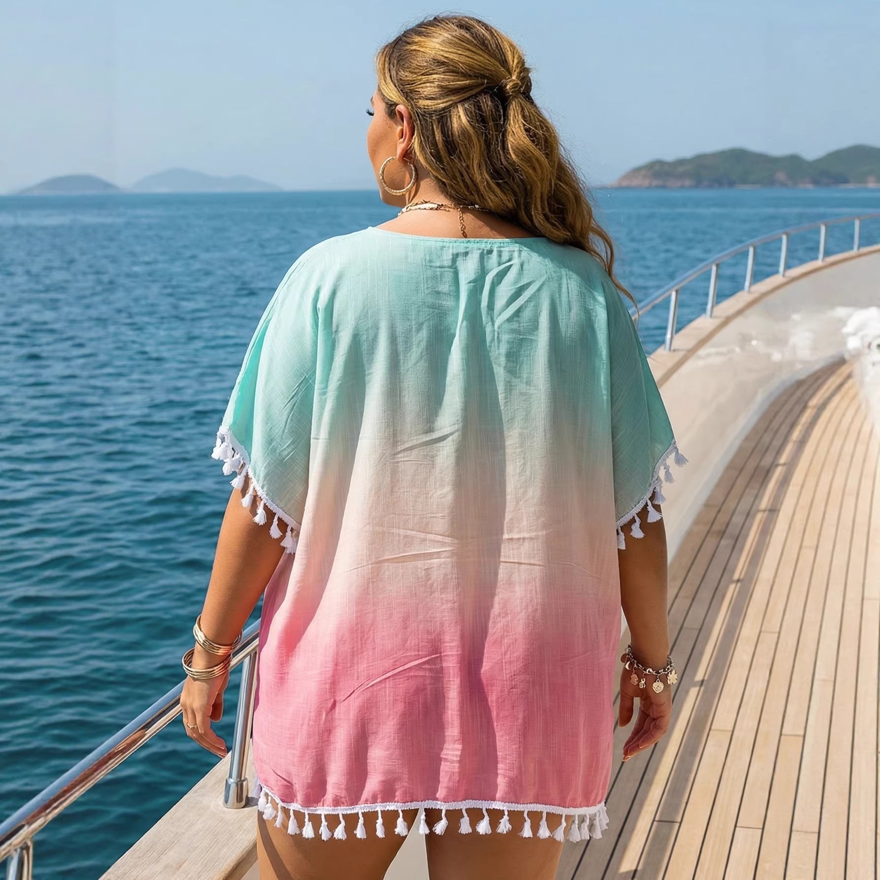 Women Clothes Women Casual Loose Gradient Printing Tassel Stitching T shirt Beach Cover up Bella Mia
