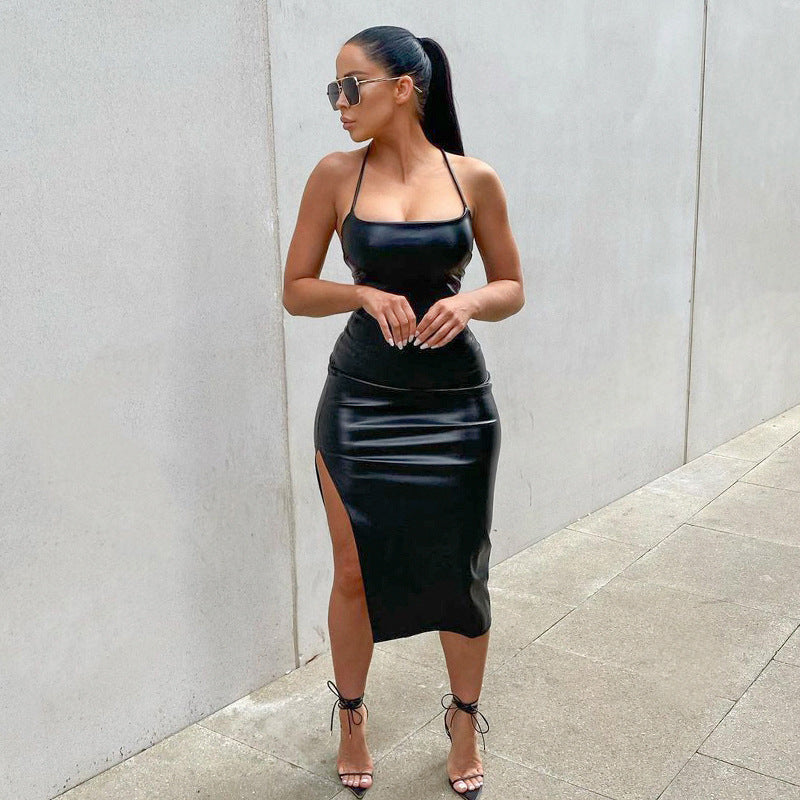 Arrival Faux Leather Night Club Sexy Backless Lace up Solid Color Personalized Split Sling Dress Bella Mia