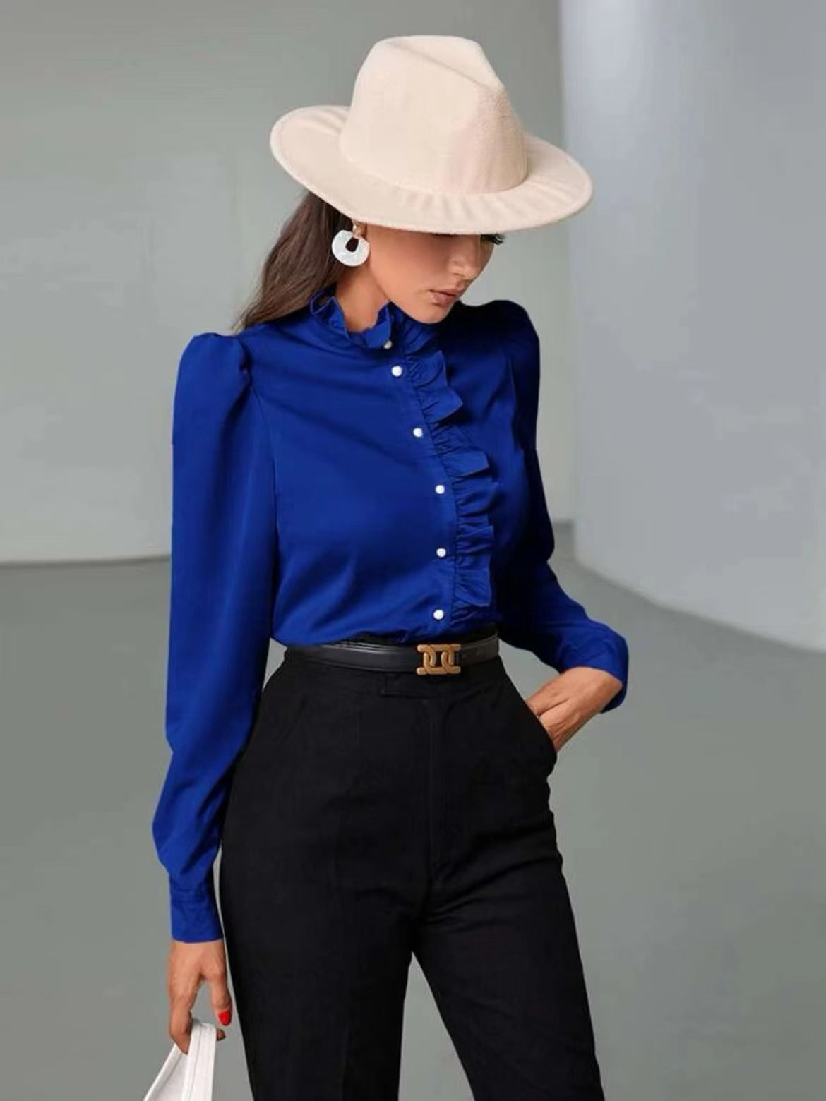 Women Shirt Autumn High Grade Acetate Fabric Shirt Half Sleeve Ruffled Straight Women Top Bella Mia