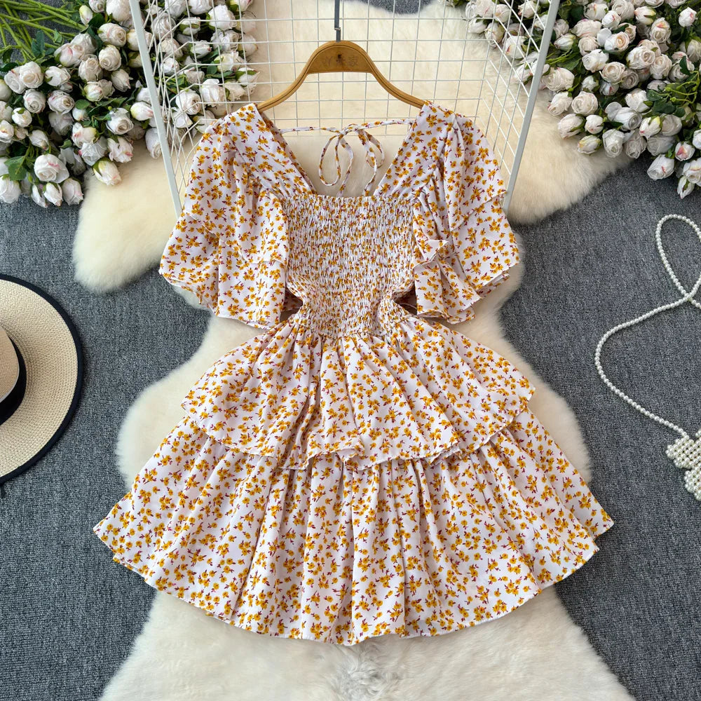 Design Summer Ruffle Sleeve Retro Pleated Floral Skirt Luxlife Brands