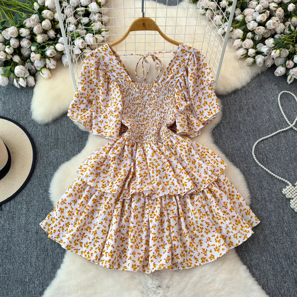 Design Summer Ruffle Sleeve Retro Pleated Floral Skirt