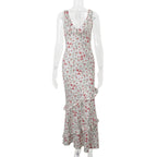 Spring Women Clothing Sexy V neck Halter Pastoral Floral Ruffled Slim Fit Dress Women Bella Mia