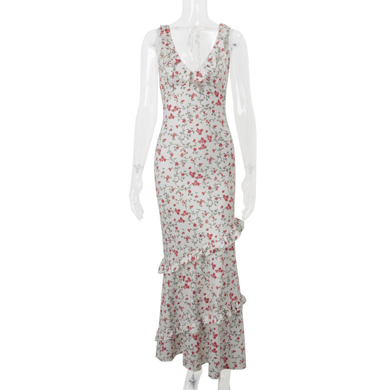 Spring Women Clothing Sexy V neck Halter Pastoral Floral Ruffled Slim Fit Dress Women Bella Mia