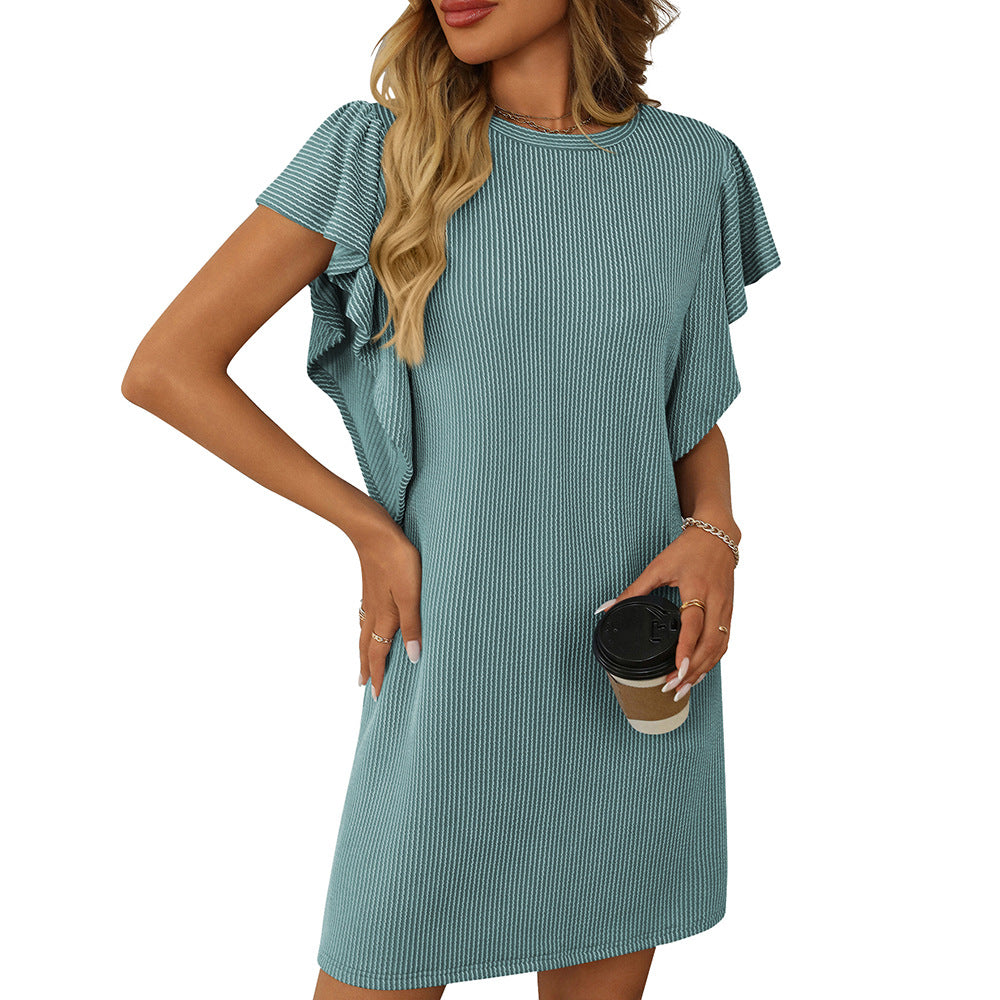 Summer Women Clothing Contrast Color Twist Strip Ruffle Sleeve Mid Length Dress