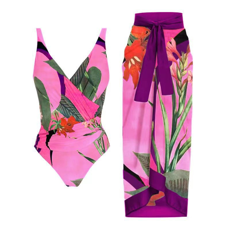 Two Piece Set Swimsuit Cross Belly Covering Printed Backless Sheath Dress Swimsuit Bella Mia