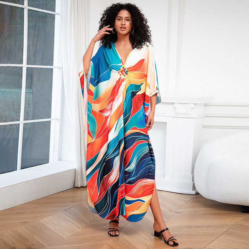 Positioning Print Holiday Loose plus Size Robe Beach Cover up Dress Bikini Cover-up Women's Clothing Bella Mia