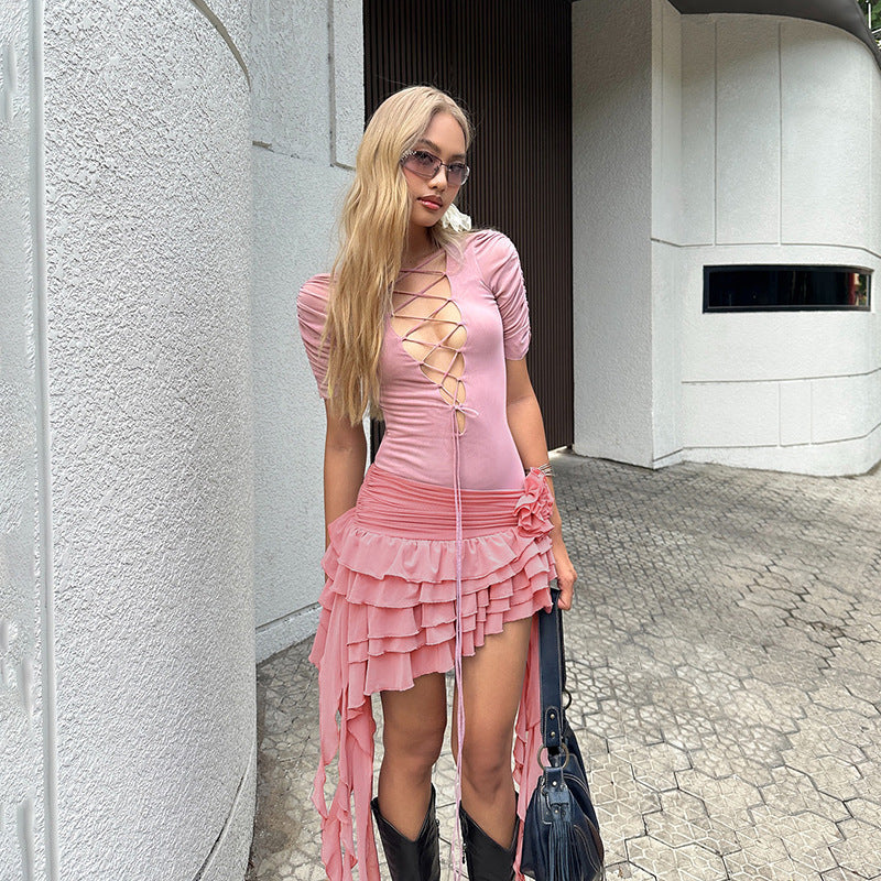 Summer Women Clothes Sexy Unique Design Deep V Plunge Lace up Irregular Asymmetric All Match Dress Women Bella Mia