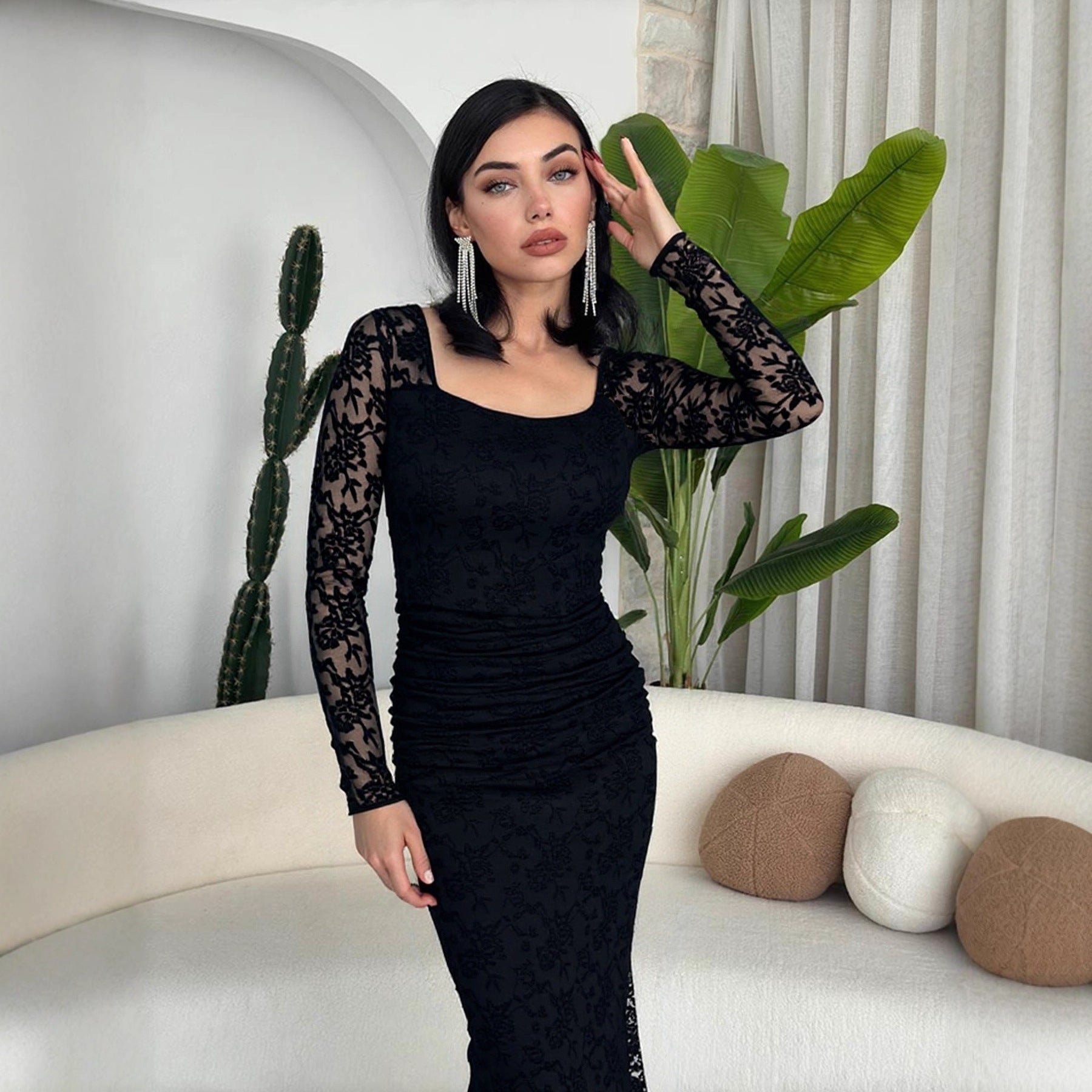 Autumn Winter Women Clothing Fashionable Elegant Lace Stitching Square Collar Slimming Pleated Maxi Dress Bella Mia