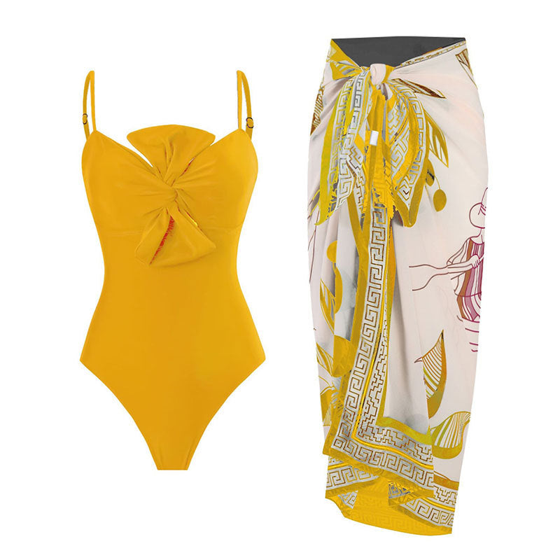 Bow Solid Color One Piece Women Swimwear Suit French Retro Cover Belly Slimming Swimsuit Bella Mia