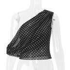Women Clothing Summer Sexy Diagonal Collar Polka Dot Chiffon See through Irregular Asymmetric Top Women Bella Mia