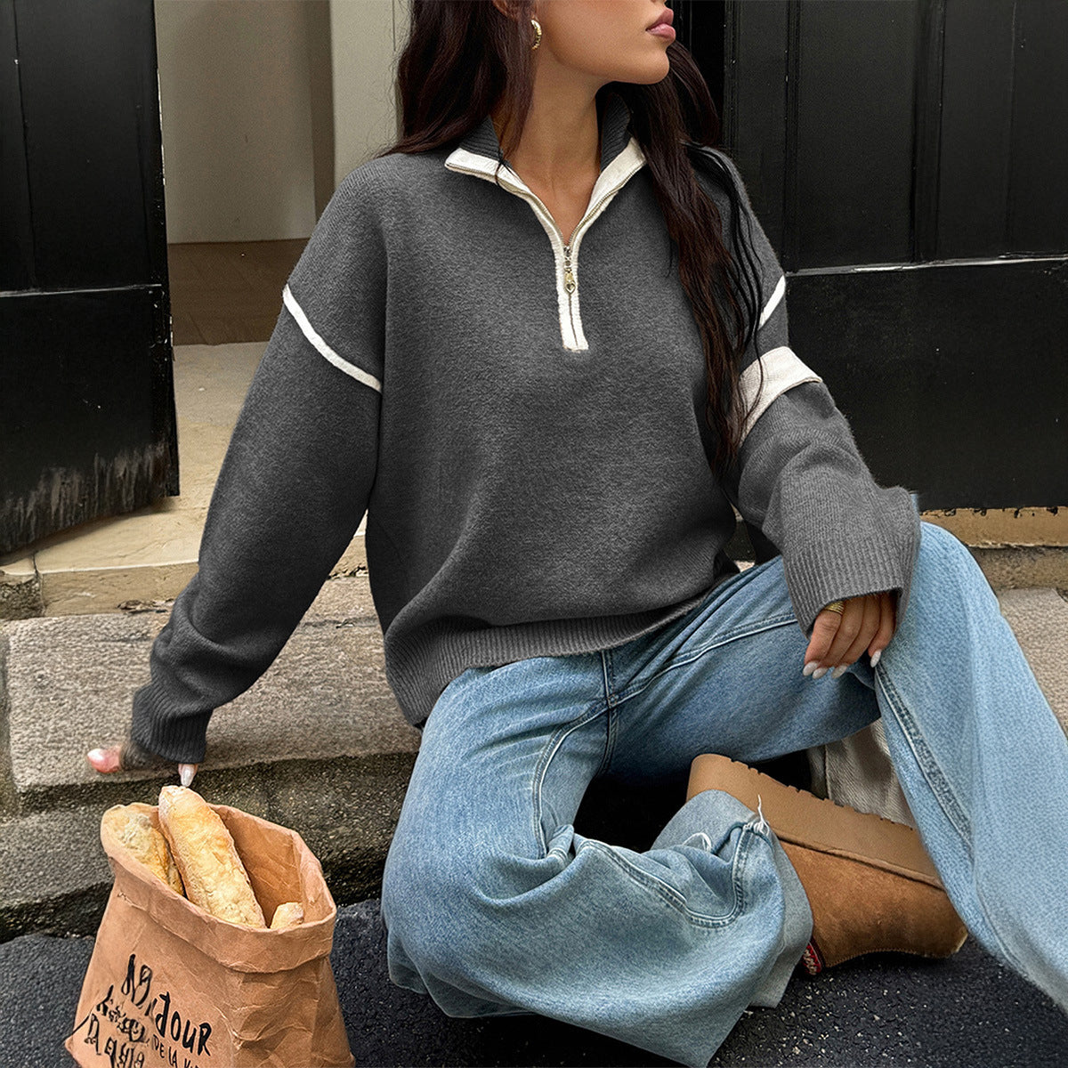 Casual Simple Solid Color Long Sleeve Zipper Sweaters Women Clothing Autumn Winter Bella Mia