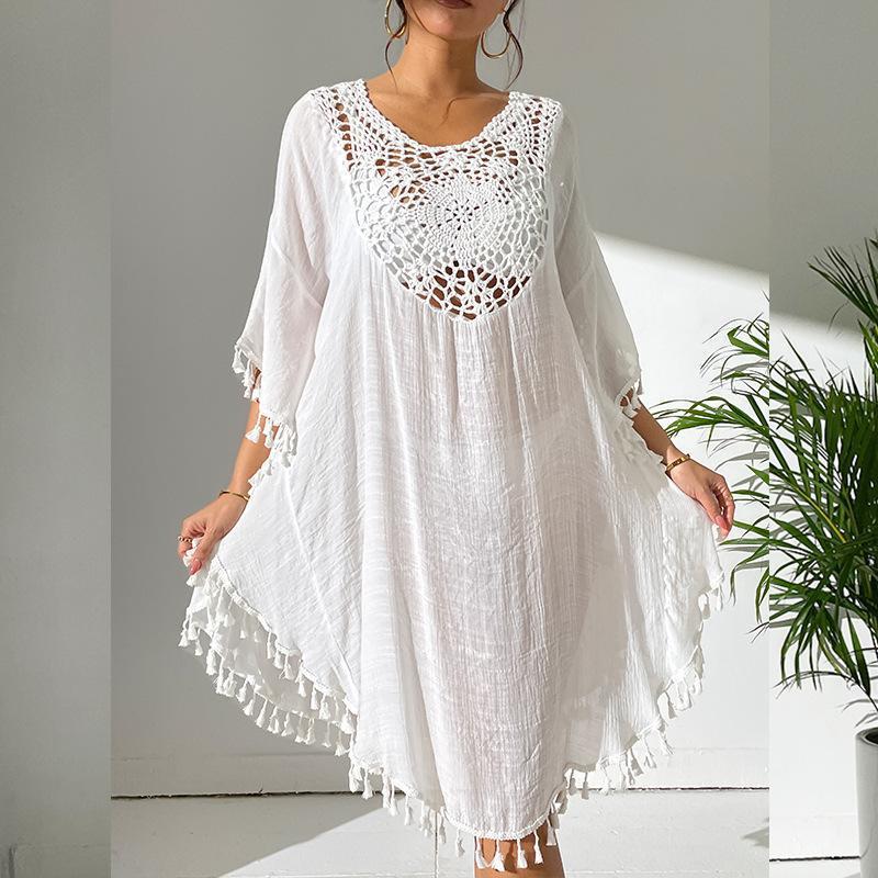 Slubbed Fabric Stitching Hand Crocheting Beach Cover-up Sexy Loose Vacation Sun Protection Shirt Beach Cover Up Bella Mia