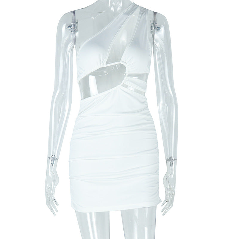 Casual Women Clothing Hollow Out Cutout Comfortable Elegant Simple Solid Color Hip dress Sleeveless Diagonal Collar Short Dress Bella Mia