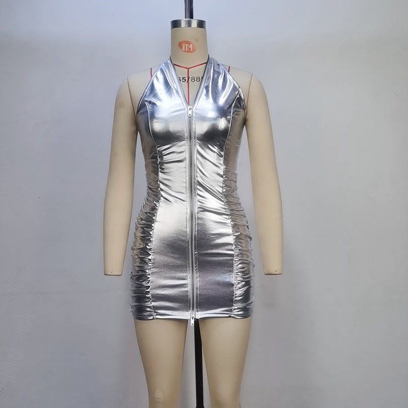 Women Summer Solid Color Pleated Sexy Halter Zipper Slim Fit Sheath Dress Women Bella Mia