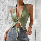Sexy Sexy Low Cut Cardigan Solid Color Halter Lace up Faux Leather Vest Women Bella Mia