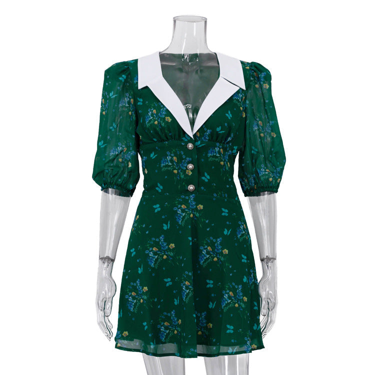 Women Digital Print Elegant Dress Summer Arrival Collared Puff Sleeve High Waist A line Dress