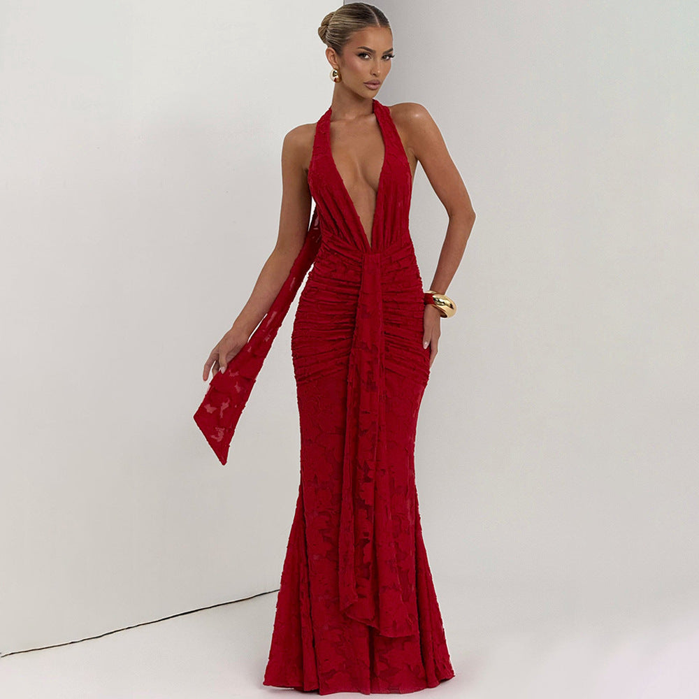 Lace Pleated Maxi Dress Women Sexy Deep V Plunge neck Backless Sheath Dress Bella Mia