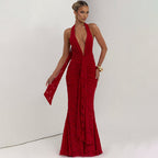 Lace Pleated Maxi Dress Women Sexy Deep V Plunge neck Backless Sheath Dress Bella Mia